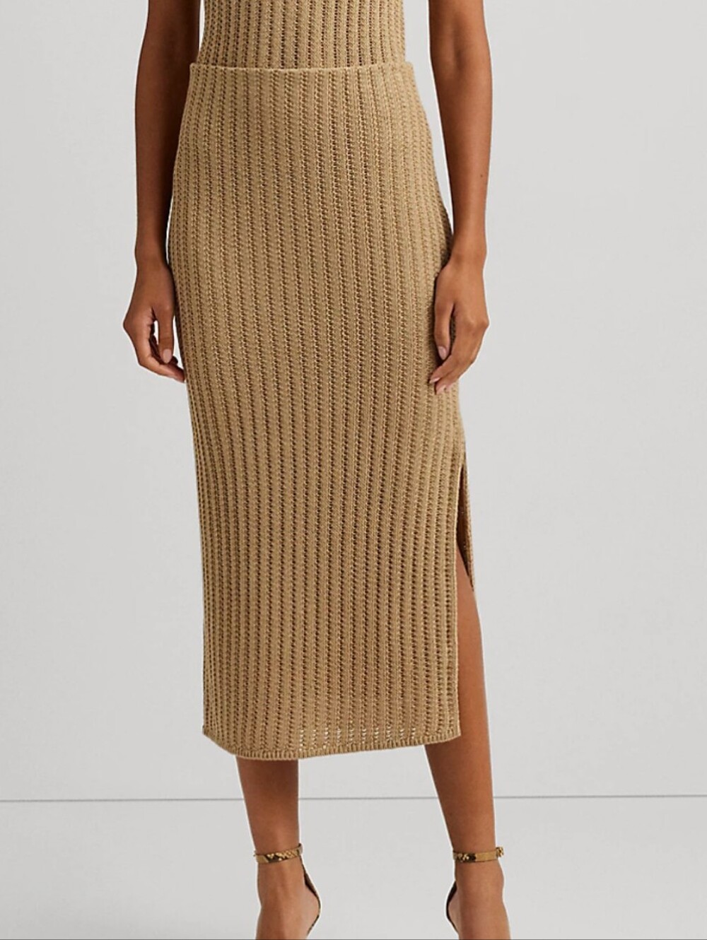 NWT Lauren Ralph Lauren Rib Knit Linen Pencil Midi Skirt Side Slit Beige Sz XL